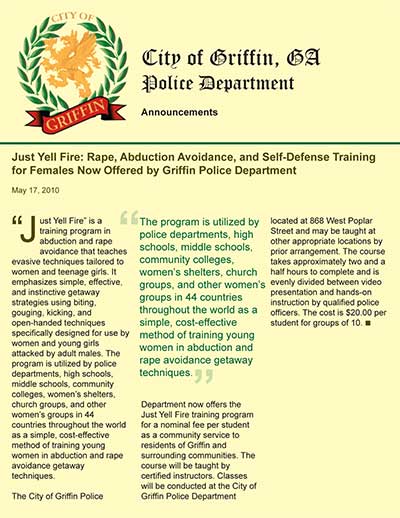 Just Yell Fire: Rape, Abduction Avoidance, and Self-Defense Training for Females Now Offered by Griffin Police Department