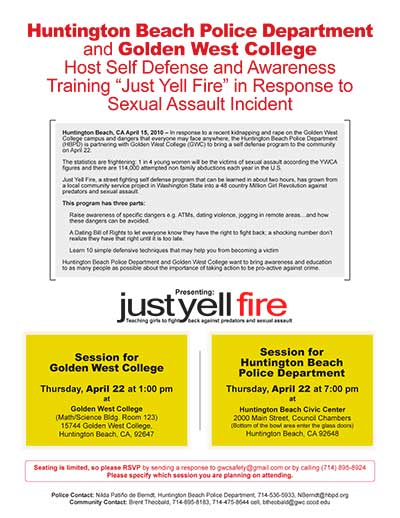 Self Defense and Awareness training "Just Yell Fire" in response to sexual assault incident